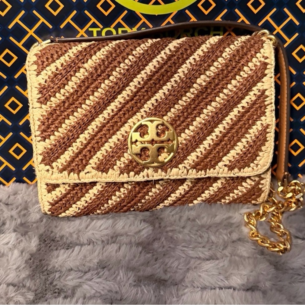Tory Burch Willa Woven Brown and Cream Crossbody Bag